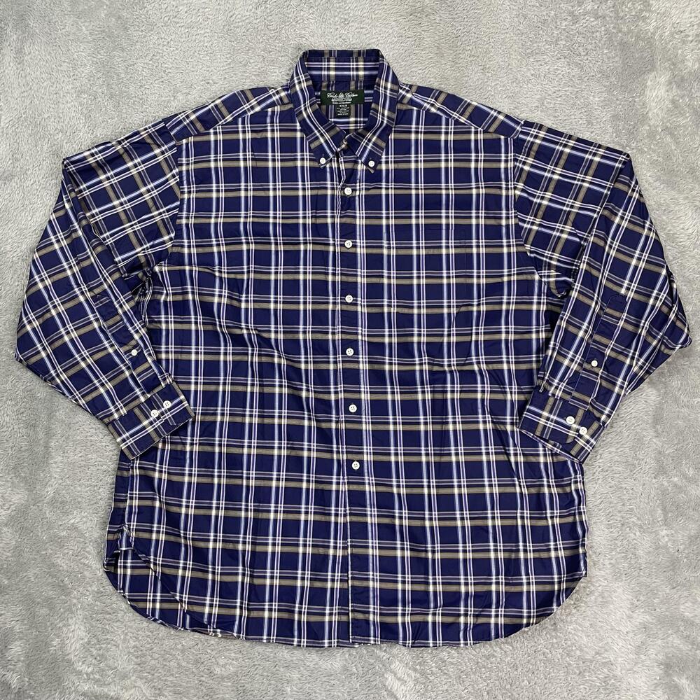Brooks Brothers Country Club Shirt Mens 2XL Blue Plaid Egyptian Cotton Made USA